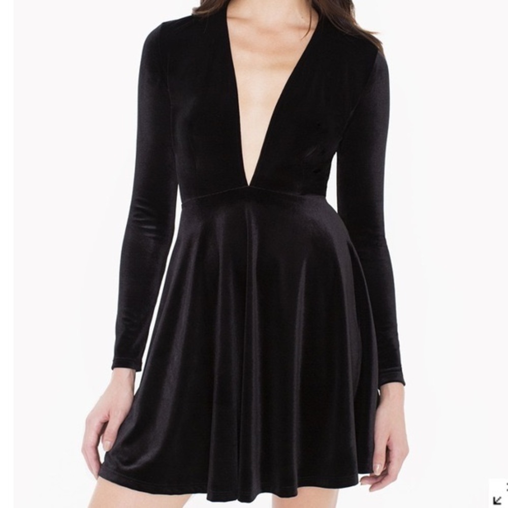 AMERICAN APPAREL DEEP V BLACK VELVET SKATER DRESS